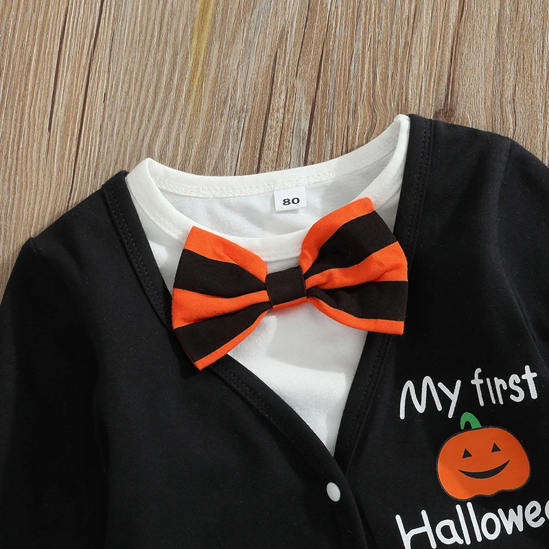 2022-07-05 Lioraitiin 0-12M Infant Baby Boy 3Pcs Halloween Clothing 2 Bodysuit Top Striped Printed Pants