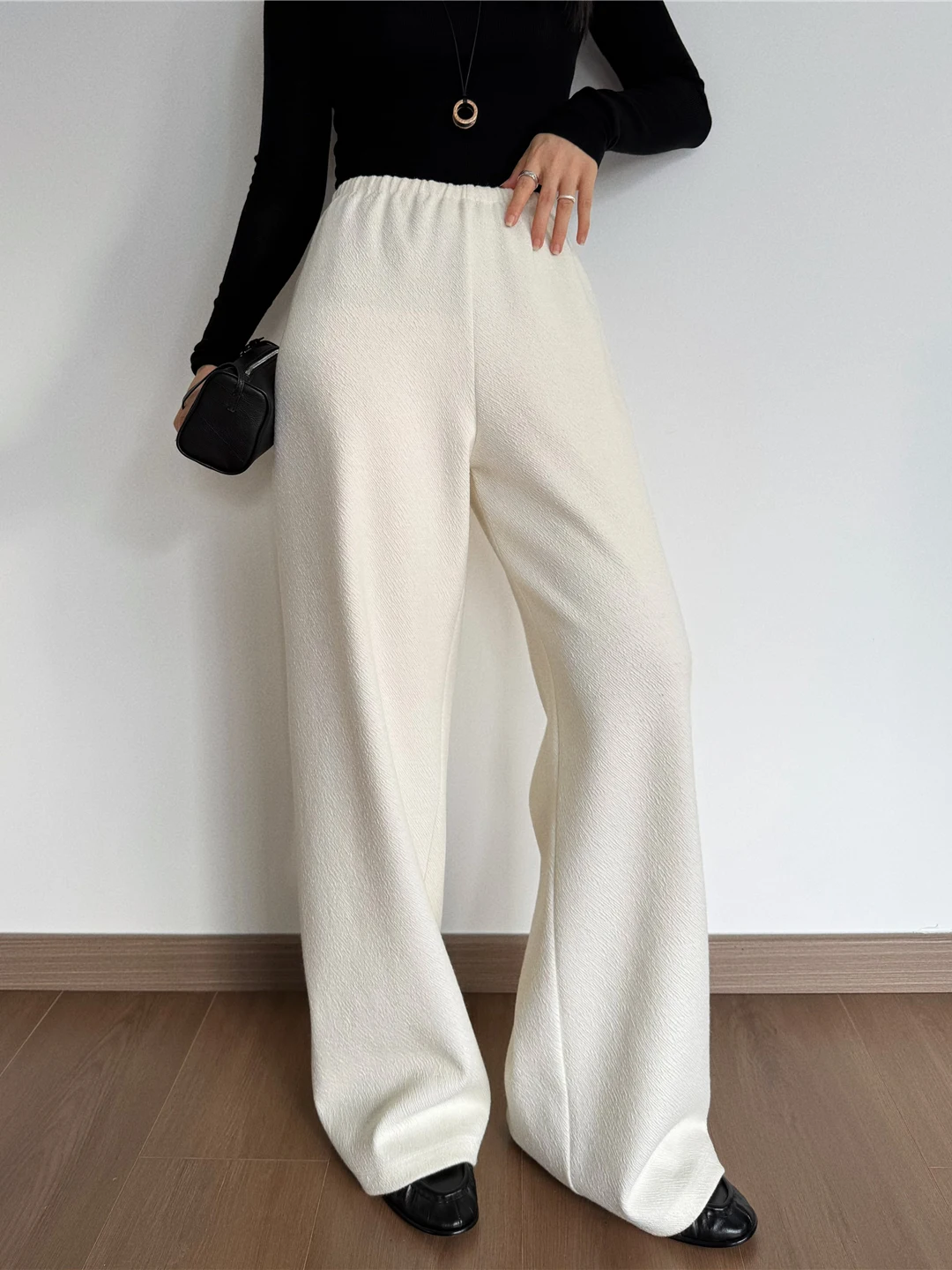 

UOP Осенне-зимние универсальные простые свободные вязаные шерстяные повседневные брюки с эластичным поясом, длинные брюки с высокой талией для женщин