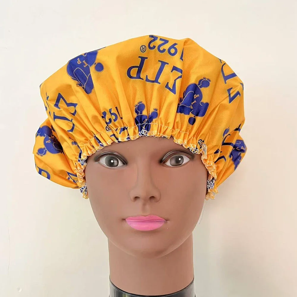 

Custom Sigma Gamma Rho yellow Shower Hat Greek Letters Sorority Waterproof Shower Cap EVA Elastic Bath For Women