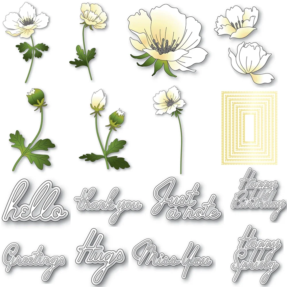 Blühendes Anemonen-Magnolienblüten-Stanzformen-Set „Happy Spring Script Sentiment Words“ gestanzt für die Herstellung von DIY-Papierkarten 2024, neu