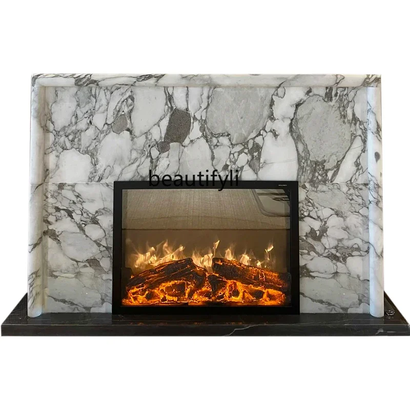D80 Large white stone fireplace American living room decorative cabinet natural marble fireplace stone carving customization