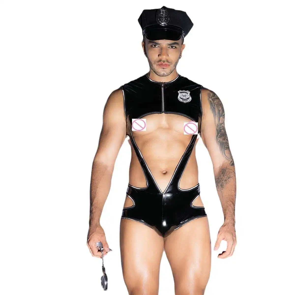 Uniforme de polícia sexy masculino, oco, lingerie erótica, cosplay sexy masculino, fantasia de selva para gay e boate, fantasias de PU por atacado