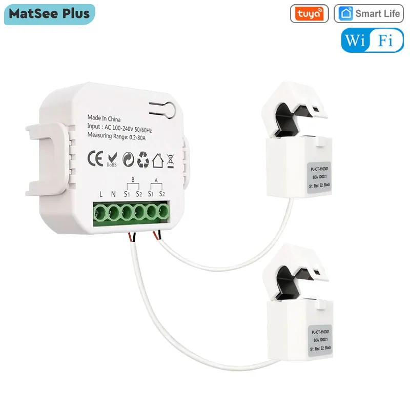 Tuya Smart Wifi Energy Meter Bidirecional Canal com Sensor de Corrente App Monitor Exportação e Importação de Energia 80a ac 110v 240v