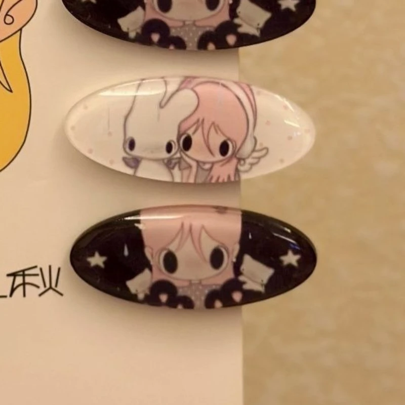 2Pcs INS Angel Girl Cartoon Hair Clip Set Star White Rabbit Print Oval Acrylic Side Barrettes Hairclips For Women Girls Jewelry - view 2