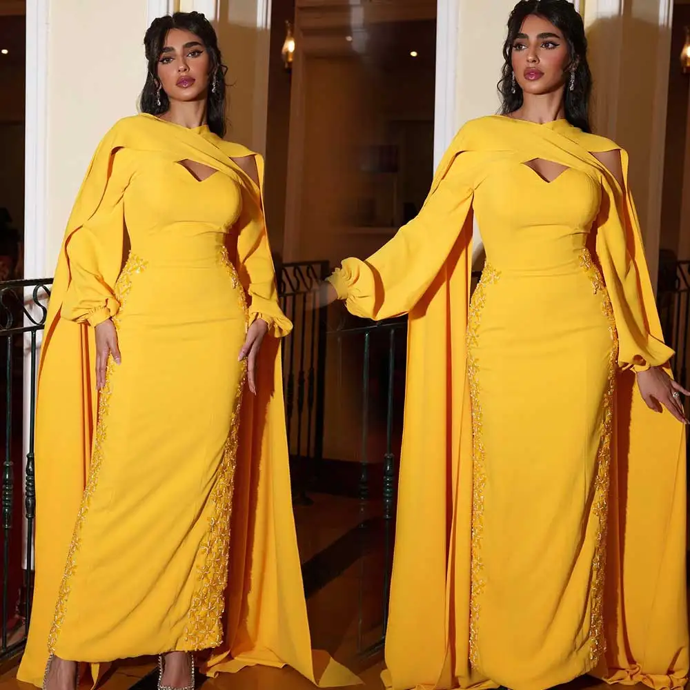 

Yellow Jersey Evening Dress Applique Pleated Shawl Long Sleeve Party Dresses Beading Sheath Women's Floor Length Prom Gown