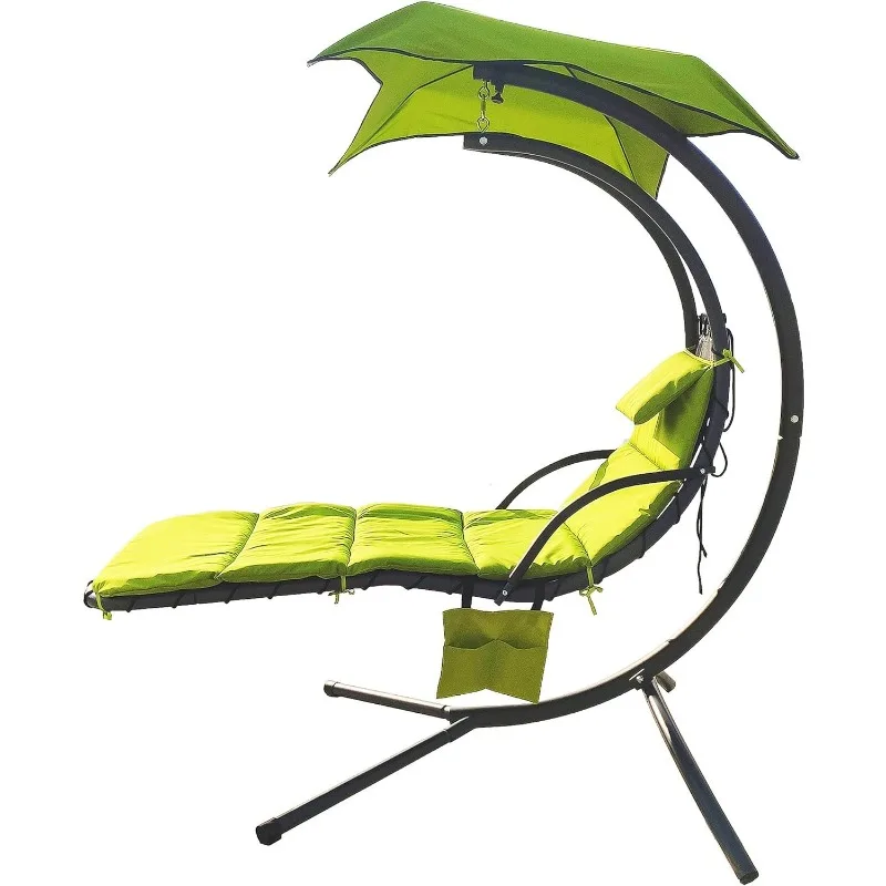 BalanceFrom Hanging Curved Chaise Lounge Chair Swing with Cushion, Pillow, Canopy, Stand and Storage Pouch, 330-Pound Capacity