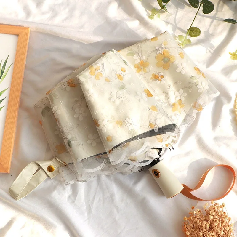 

Automatic Double Layer Lace Trim Umbrella Women's Sunshade Princess UV Protection Black Glue Sun Umbrella Rainproof Vintage