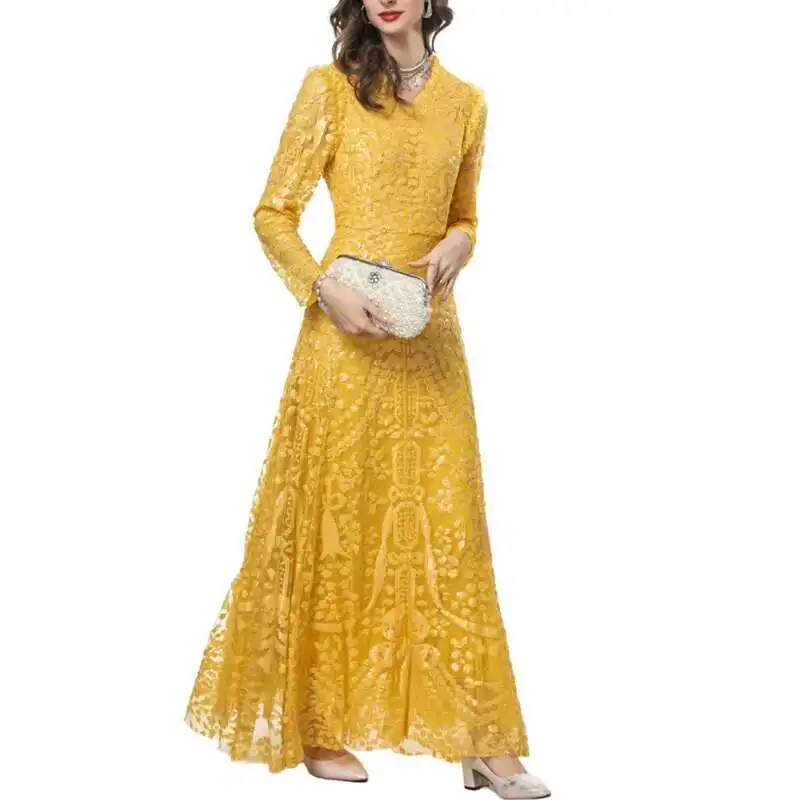 QMQA Fashion Women's Evening Dress Yellow Sequins Spliced V-neck Long Sleeve Elegant Banquet Dresses 2025 Spring New QM297