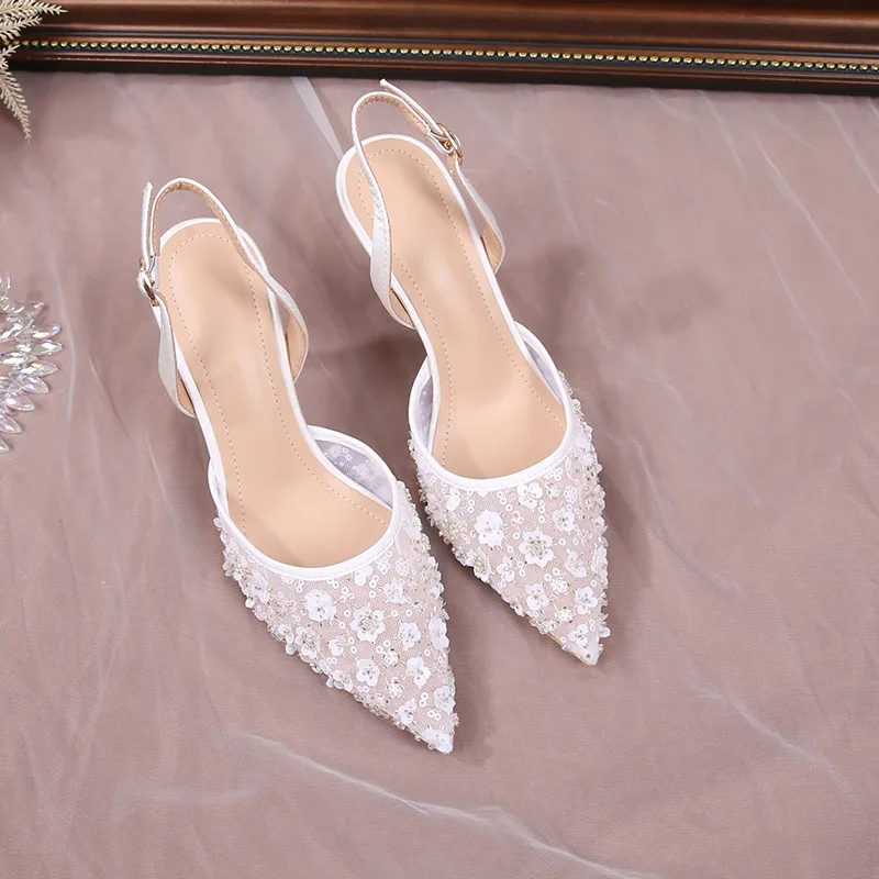 2025 Summer Lace Floral Wedding Shoes Women Back Strap High Heel Bridesmaid Sandals for Women French Party Heels Sandalias Mujer view 2