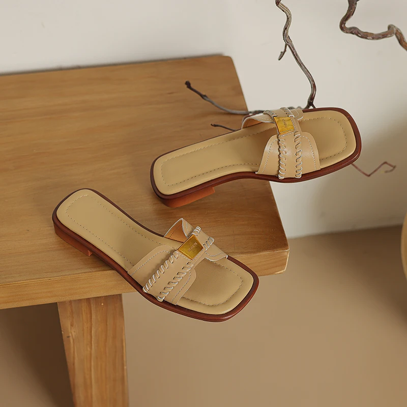 All Natural Leather Open Style One Line Strap Slippers Metal Decoration Fashionable Slippers Versatile Comfortable