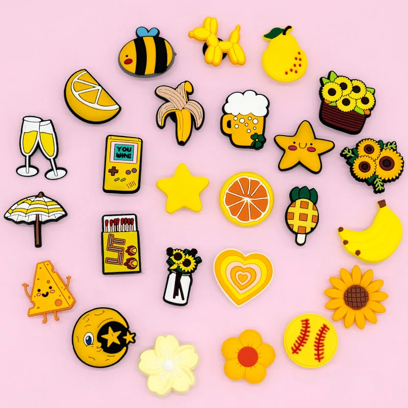 1/25pcs Yellow Shoe Charms Flowers Fruits Star Shoe Decorations Banana Pear Chrysanthemum Pins for Women Girls Yellow Pins
