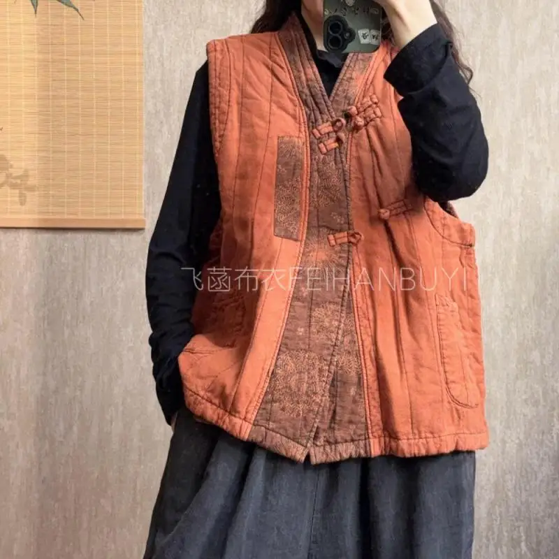 

Autumn Arts Style Women Sleeveless V-neck Loose Coats Vintage Single Breasted Patchwork Thicken Cotton Linen Vest High Quality