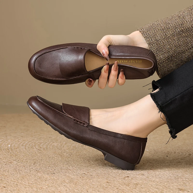 

Women Cow Leather Round Toe Slip-on Low Heel Loafers High Quality Soft Comfortable Casual Female Daily Moccasin Shoes for Woman