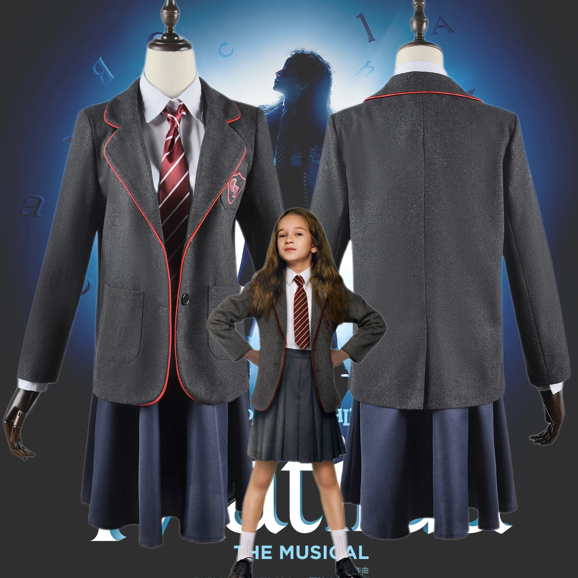 Movie Matilda Cosplay Costume School Uniform Coat Skirt Tie Roald Dahls Matilda the Musical Costume Suit Kids for Girls Women