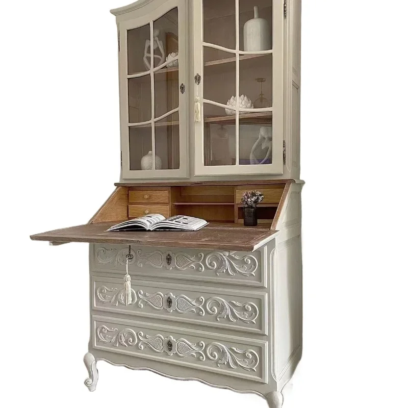 American country solid wood desk folding chest cabinet bookcase French retro multi-functional flip dresser integrated desk