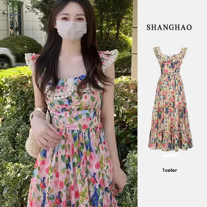 2024 Summer New Colorful Floral Off-Shoulder French Style Tea Break Seaside Vacation Niche Design Sensibility Dress