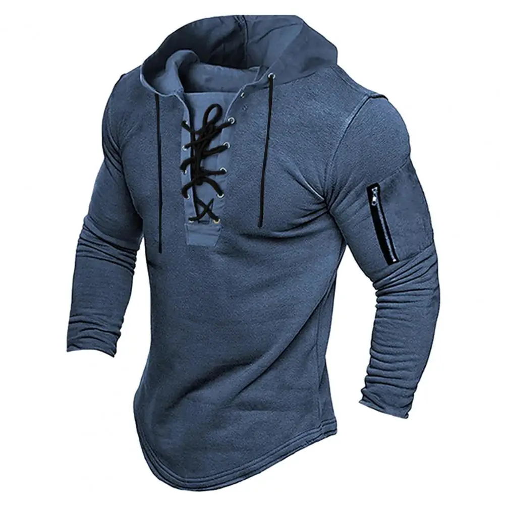 

Men Solid Color Hoodie Vintage Lace Up Hoodie for Men Stylish Zipper Decor Pullover Top with Slim Fit Design for Spring Fall