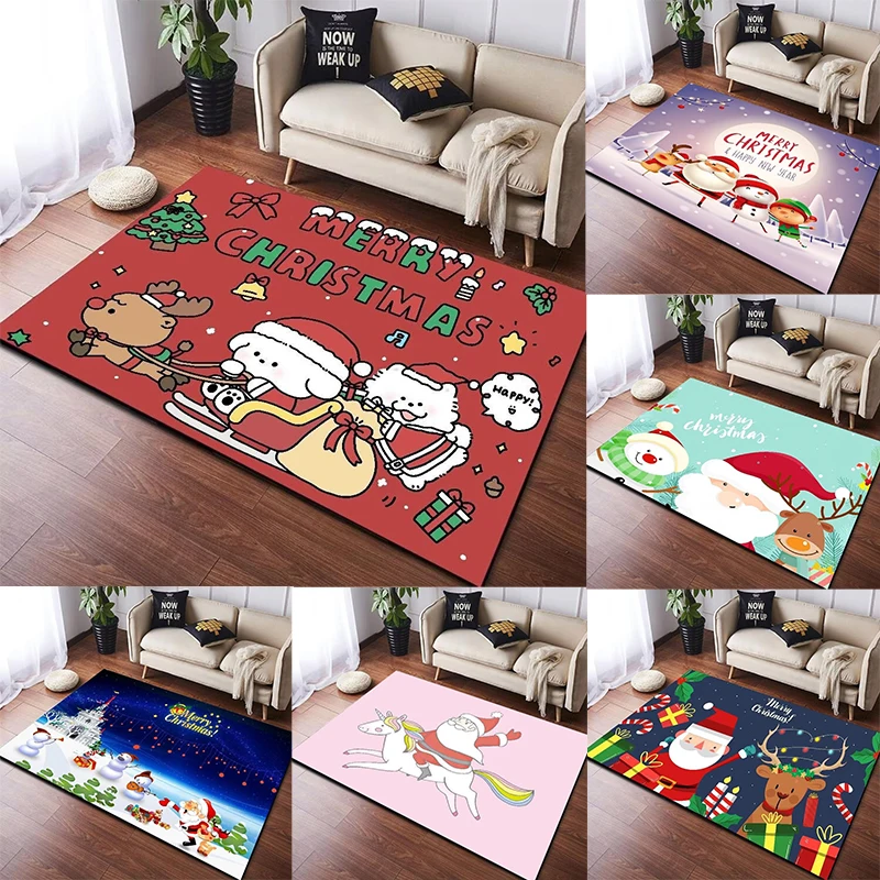 Runder Teppich mit Weihnachtsthema und Weihnachtsmann, Rentier, Schneemann, Muster, Bodenmatte für gemütliches Wohnzimmer, Urlaub, Heimdekoration