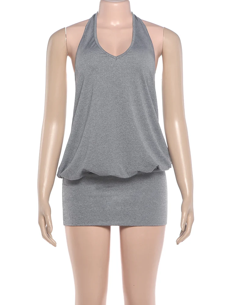 Weird Puss Modisches Einfaches Kleid für Damen, Herbst-Trend, Geraffter V-Ausschnitt, Ärmellos, Sexy, Mitternacht, Street-Party, Club, Pfirsichfarben, Figurbetont – Detail 4