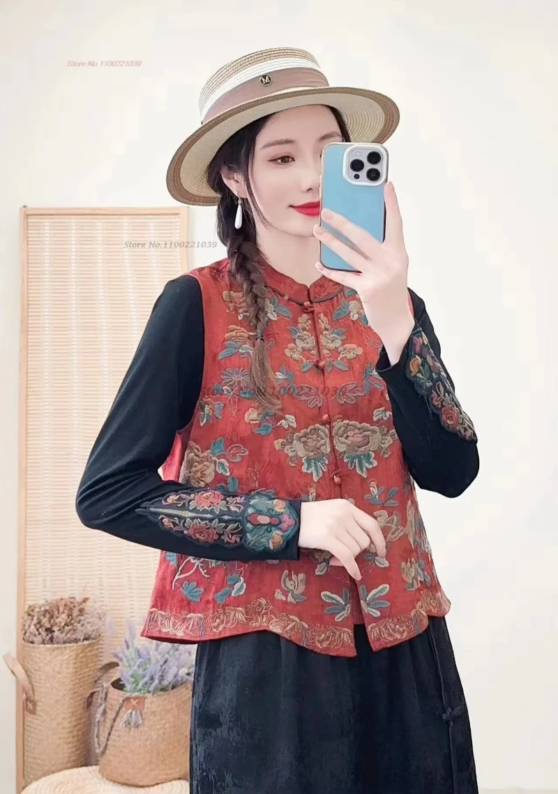 2024 chinese vintage hanfu tops traditional stand collar vest national flower embroidery ethnic vest oriental sleeveless jacket