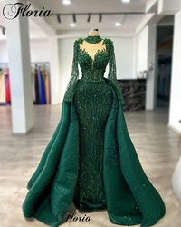 Two Pieces Green Celebrity Dresses With Detachable Train Long Sleeves Formal Evening Gowns With Pearls Vestidos De Noche Custom