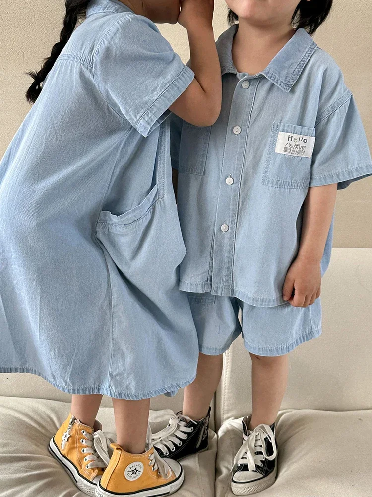 Cute Children\'s Denim Suit 2024 Summer Korean Fashion Loose Short Sleeves Tops Shorts 2pcs Toddler Cotton Tees Suit Solid Color