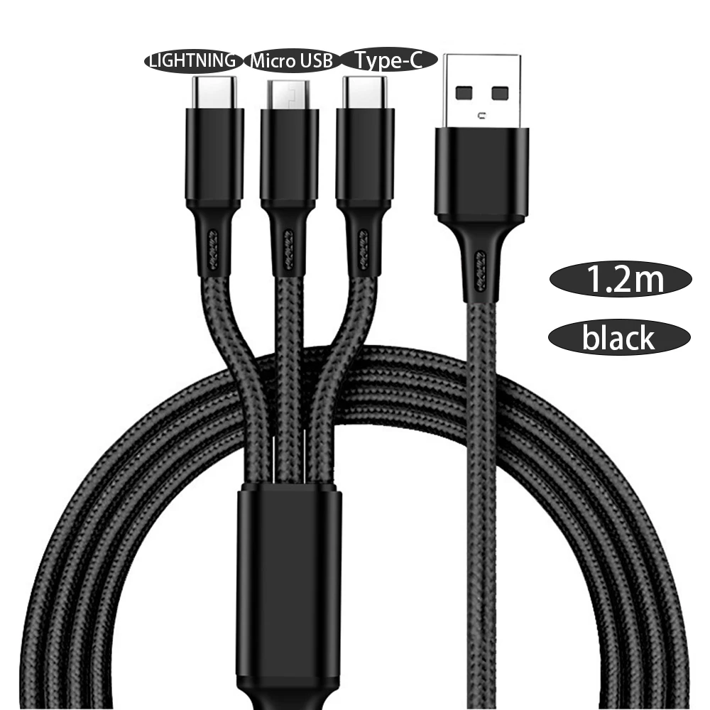 1PC 3 In 1 USB Charger Fast Charging Cable TypeC Micro LIGHTNING Multi Charger Cable for iPhone Huawei Xiaomi Nylon Braided Cord