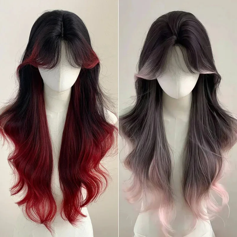 

Red Black Ombre Wig Paris Female Long Curly Hair Lace Front Headband Wig Lolita Heat Resistant Synthetic Wigs for Daily Use