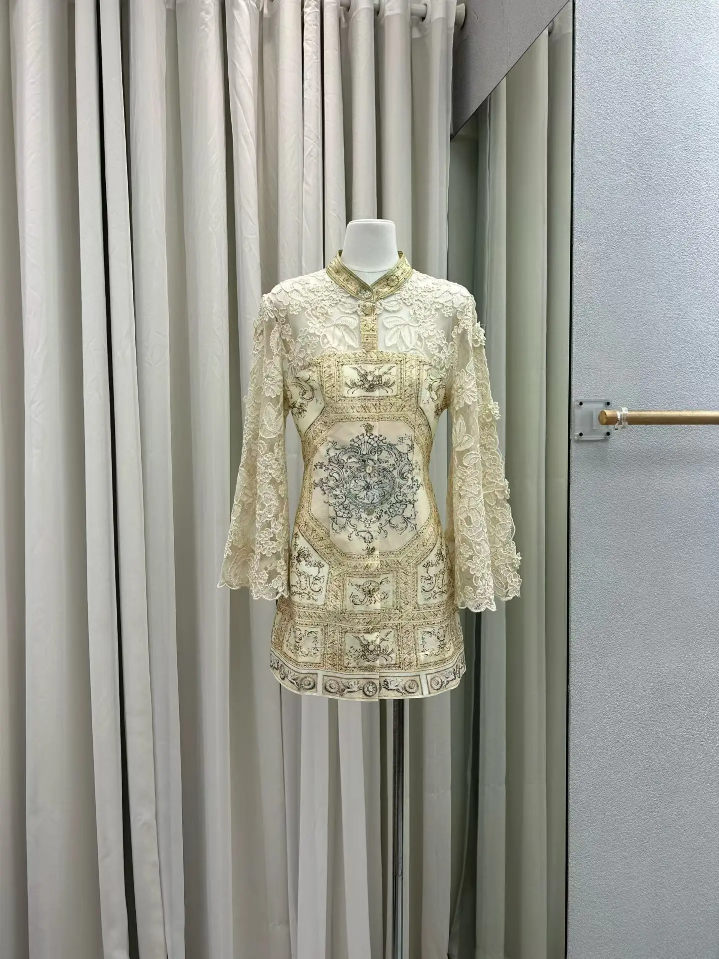 2026 Women Retro Print Shirt Dress Lace Embroidery Flare Sleeve Stand Collar Single Breasted Vintage Ladies Mini Robe