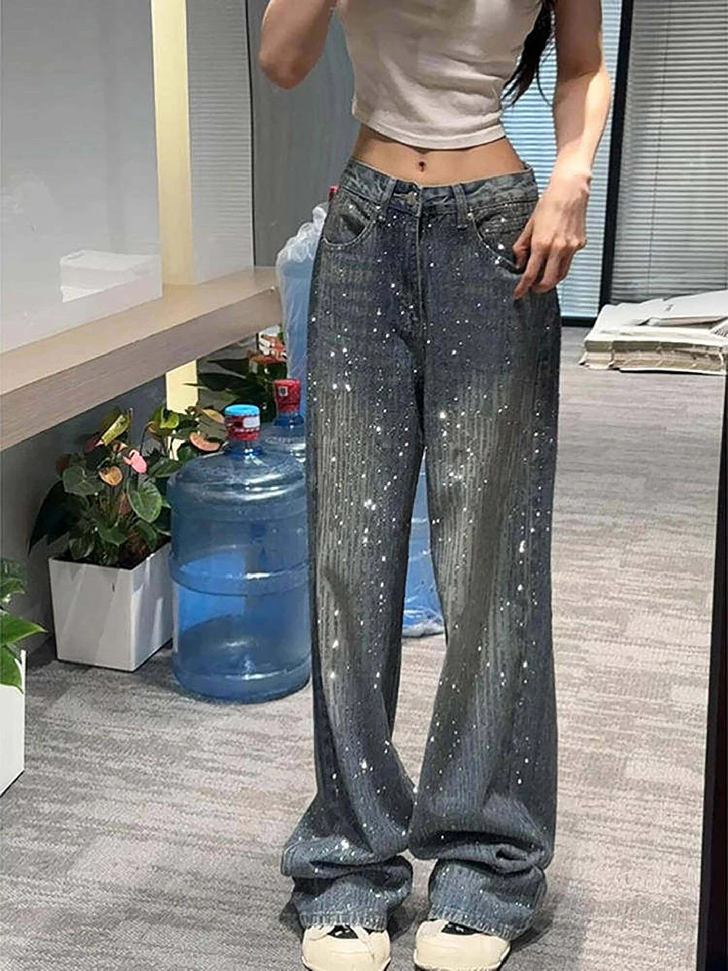 High Waist Wide Leg Denim Pants Women's Autumn Winter Folded Small Size Sequin Splicing Straight Cut Long Trousers