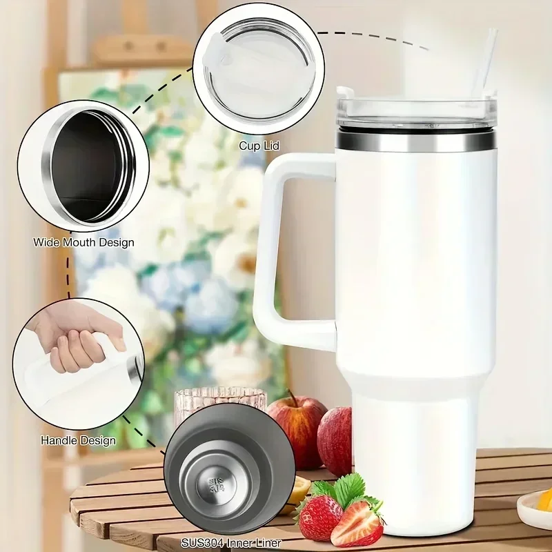 

Новая автомобильная чашка из нержавеющей стали, большая емкость, чашка для воды с ручкой и соломинкой, изолированная дорожная кружка с двойными стенками, праздничные подарки, 40 унций