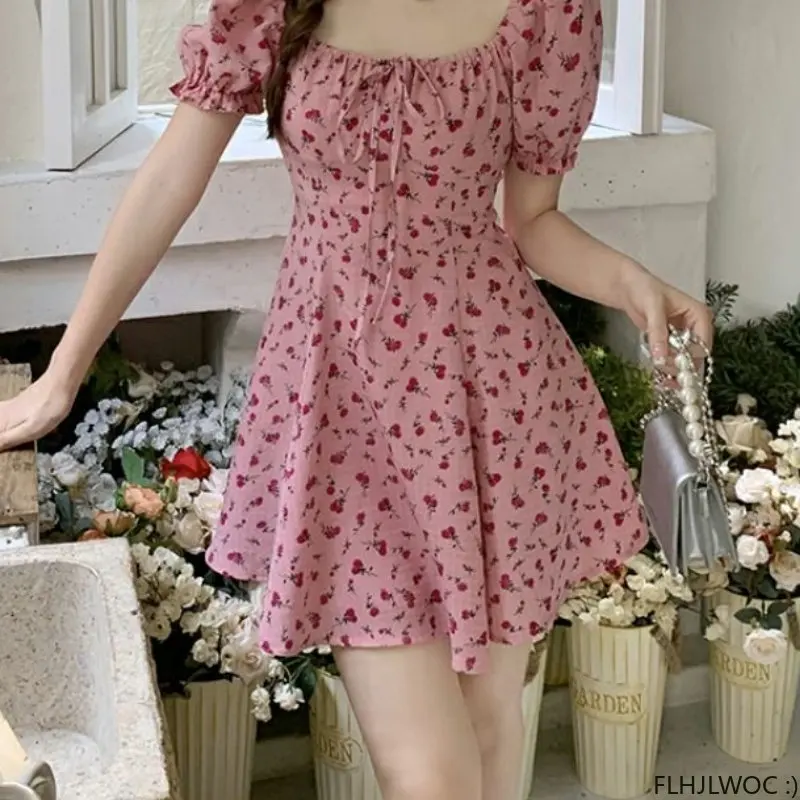 Korean Chic Dress Elegant Temperament New 2023 Woman Japan Floral Print V Neck A Line Lace-Up Bow Tie Retro Vintage Cute Dress