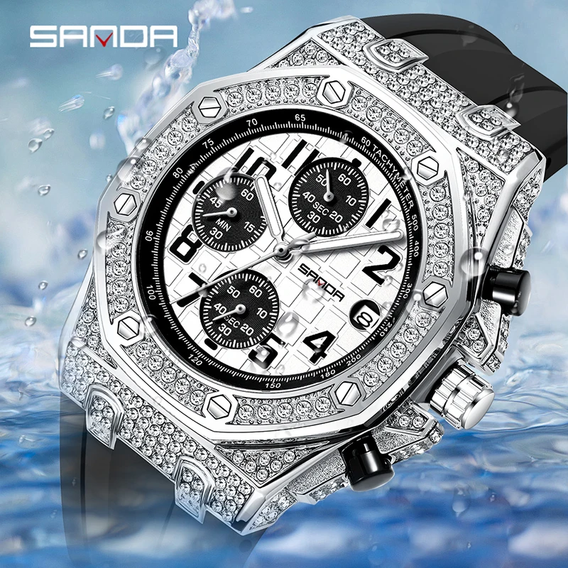 SANDA Quartz Watch For Men Fashion Multifunctional Three Eye Dial Men Watch Luxury Diamond Case Luminous Waterproof Clock Reloj