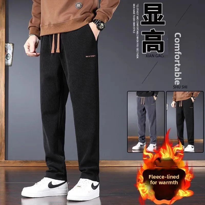 Men's Corduroy Thermal Casual Pants Thiened Fce Lined Straight Leg Sweatpants Autumn Winter Loose Fit Versatile Trousers
