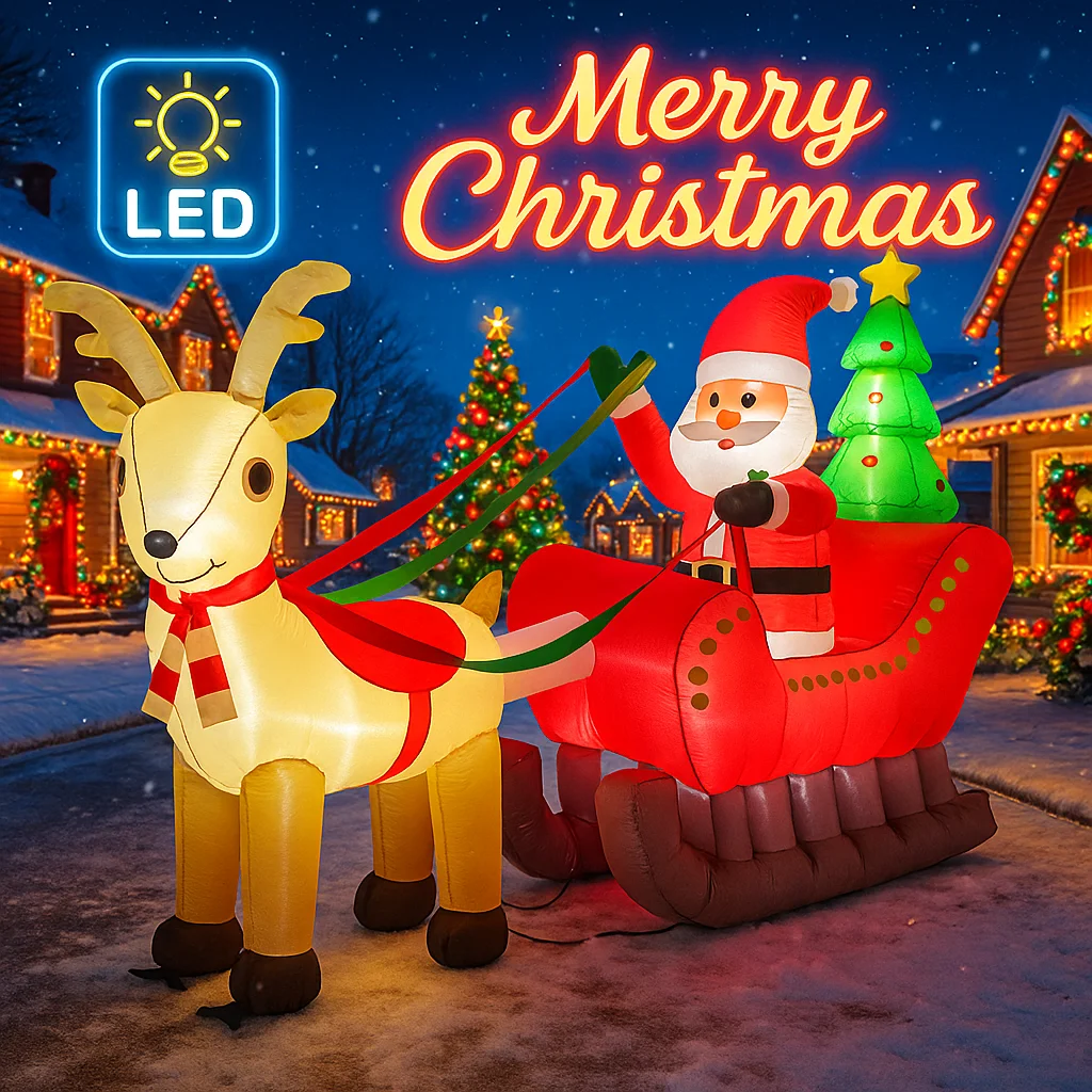 7.87FT Holiday Lighting With LED Lights Giant Christmas Inflatable Santa Sleigh Reindeer Xmas Yard Supplies Home Party Ornaments