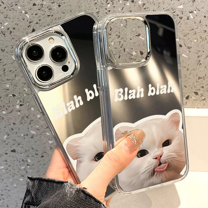 Luxury Make UP Mirror Phone Case For iPhone 17 16 Pro Max 11 13 15 14 12 Air XS XR Cute White Cat Covers Fundas