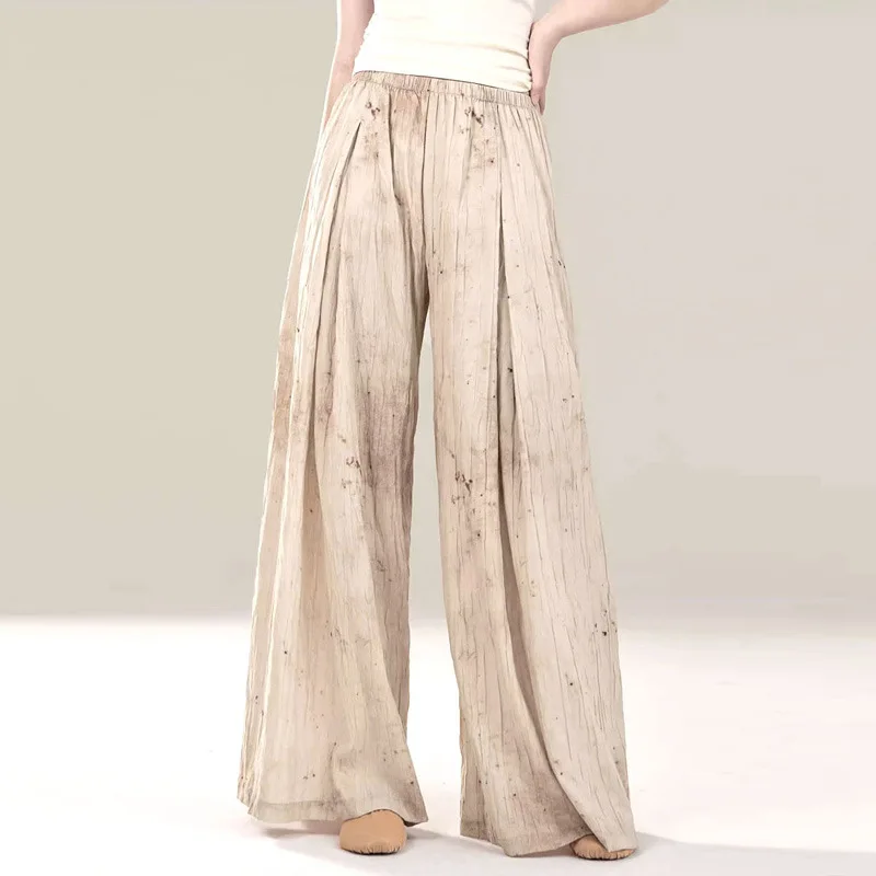 New Chinese style dance practice clothing for women, modern ethnic classical dance, printed ink long pants, wide leg pants for a