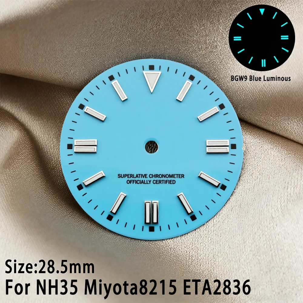 

Циферблат часов 28,5 мм, синий циферблат в стиле Тиффани, подходит для NH35 ETA 2836 Miyota 8215, светящийся сине-зеленый механизм, аксессуары для мужских часов