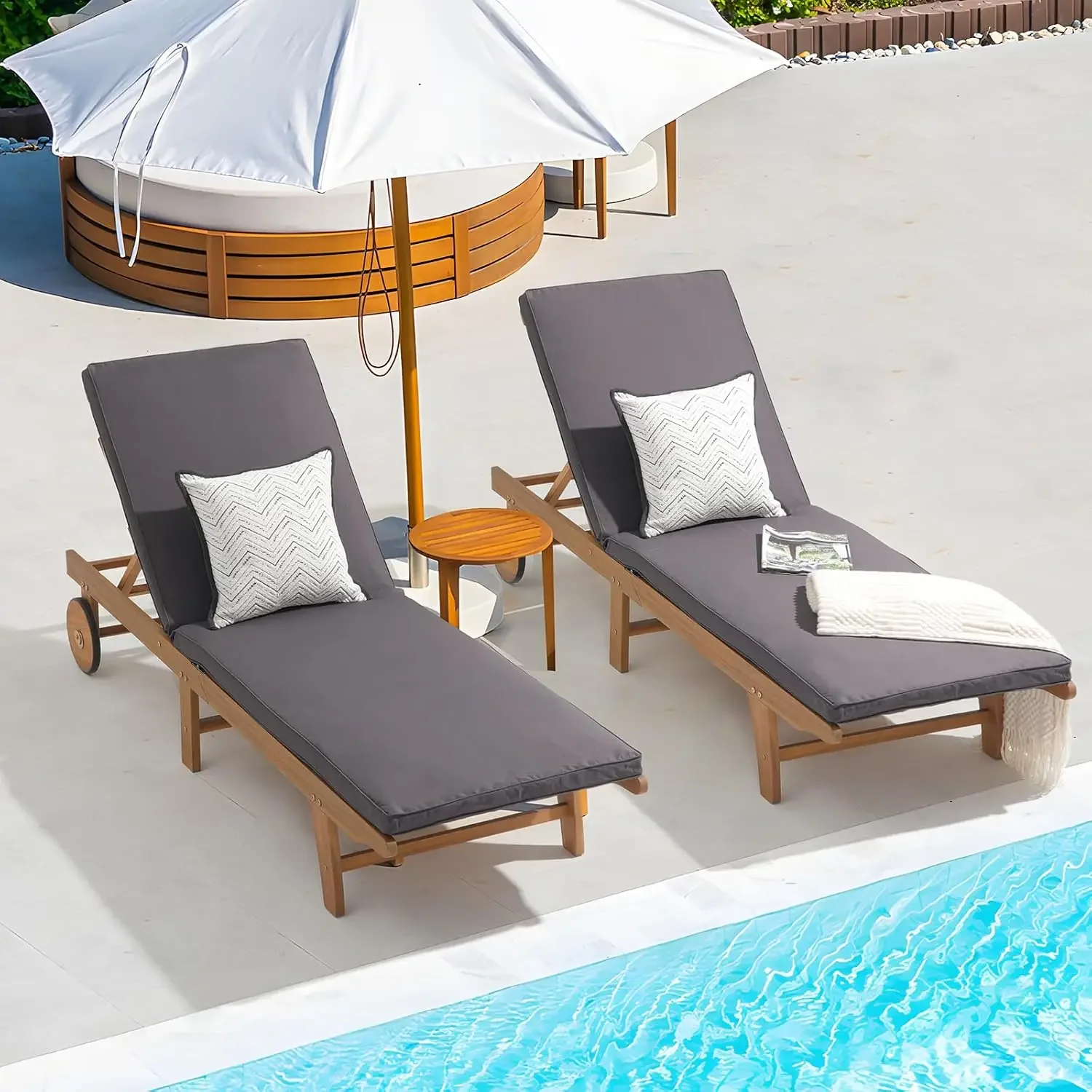 Patio Acacia Wood Chaise Lounge Set of 2, Outdoor Folding Lounge Chair Recliner w/Adjustable Backrest, Wheels,Padded Cushion, Po
