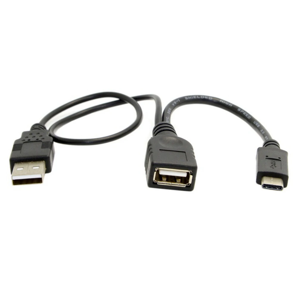 

USB 3.1 type-c USB male to USB 2.0 female OTG adapter cable connected to USB drive with power supply data cable