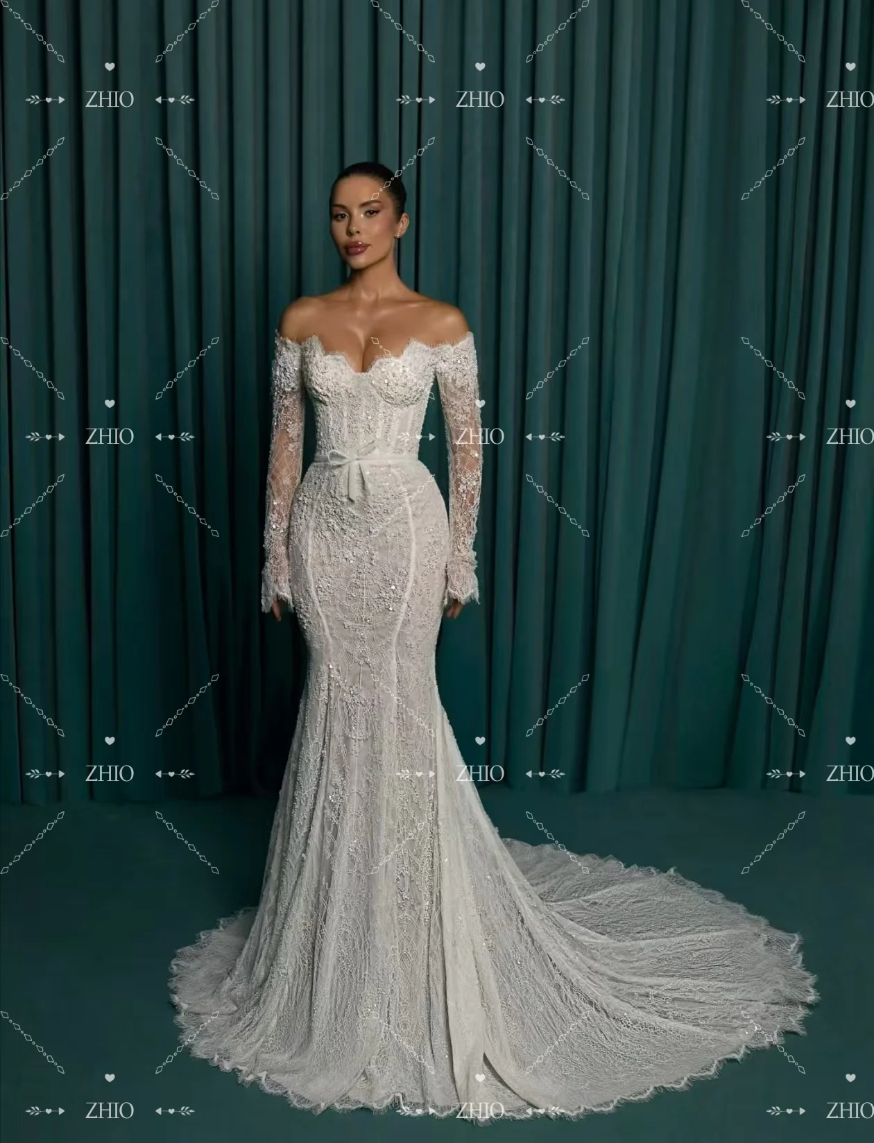 ZHIO فستان زفاف رائع من الدانتيل بدون أكتاف سويب تراين حورية البحر فستان زفاف مخصص رداء دي ماري للعروس جديد 2026 #2