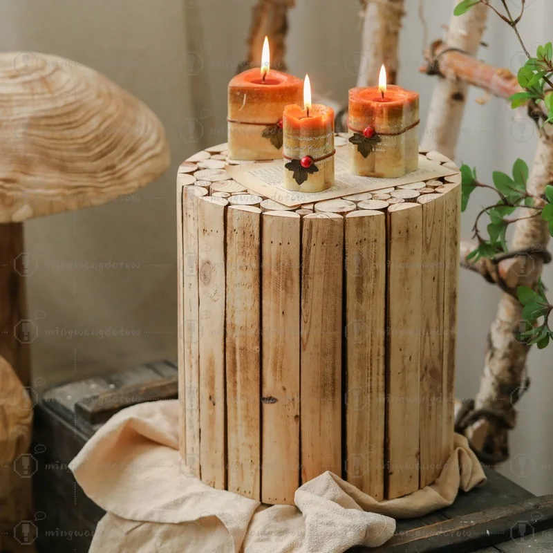 Spliced Solid Wood Small Round Stool, Internet-Famous B&B Style Decor, Living Room & Garden Furniture Stool
