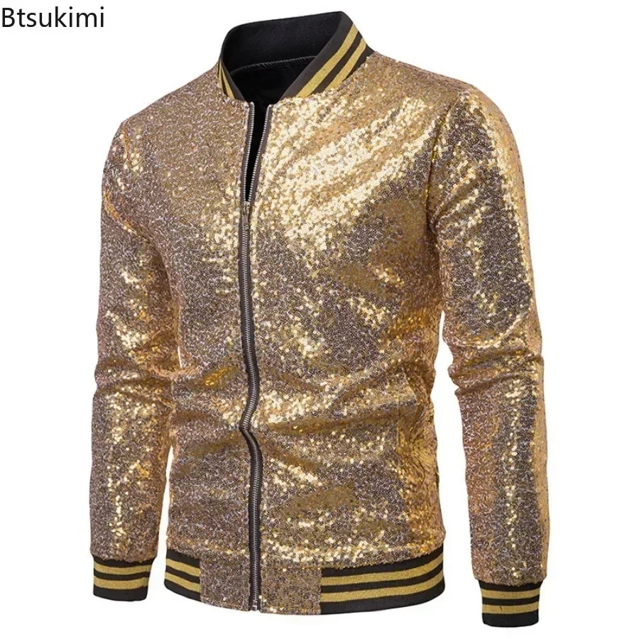 

2025 New Men's Gold Sequin Shiny Suit Jacket Fashion Nightclub DJ Stage Performances Costume Singer Host Jacket Male Streetwear