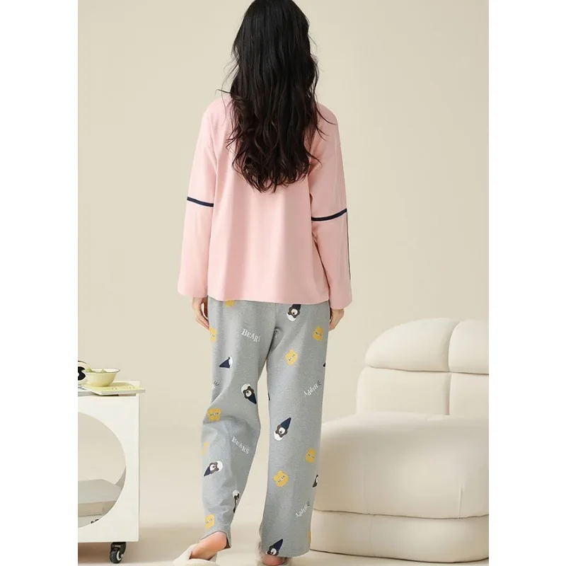 2024 New Lovely Cotton Pajamas Women Spring Autumn Long Sleeves Sleepwear Chest Pads Cotton Homewear Pullover Loose Loungewear