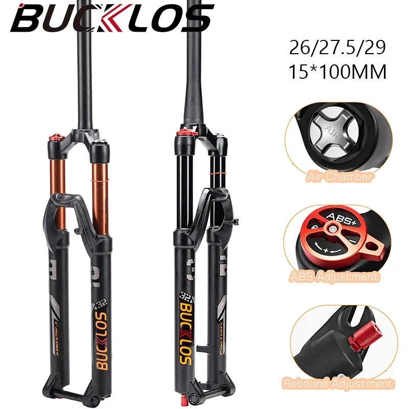 

BUCKLOS Bicycle Fork 26/27.5/29in Air Suspension MTB Fork 15*100MM Rebound Adjustable Mountain Bike Forks 140mm Travel