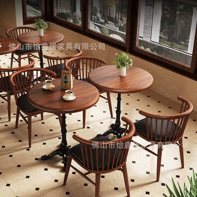 

American retro cafe bar solid wood table and chair combination baking dessert milk tea shop table and chair western restaurant c