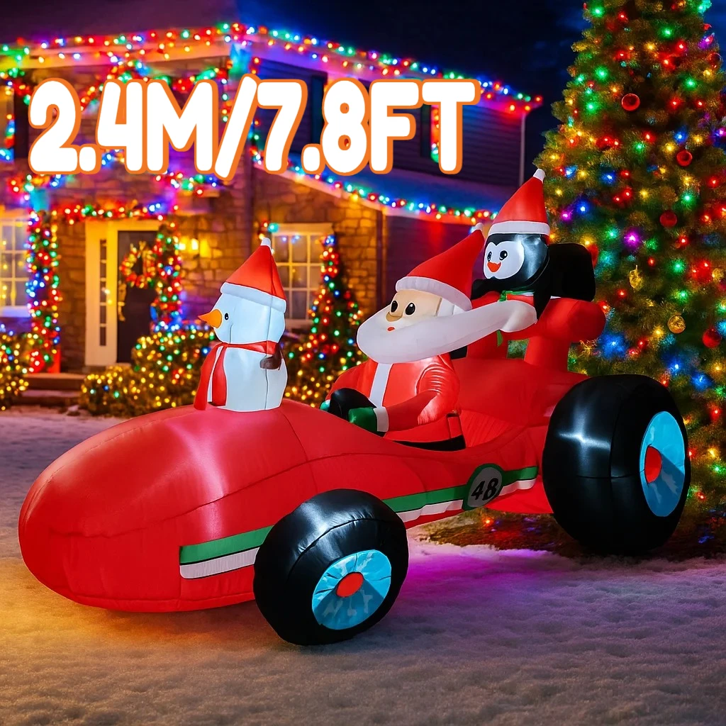 

2.4M/7.8FT Inflatable Santa Claus Race Car Snowman Penguin Lights LED Home Decorations Toys Yard Xmas Holiday Supplies Ornament