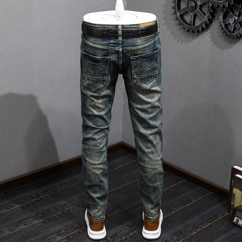 Fashion Designer Men Jeans Retro Washed Blue High Quality Stretch Slim Fit Ripped Jeans Men Trousers Vintage Denim Pants Hombre