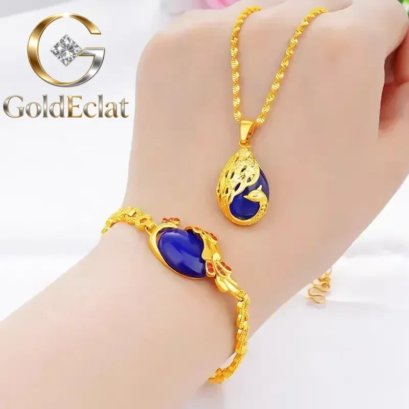 GoldEclat  Luxury 24K yellow gold 9999 real gold Ladies Necklace Bracelet Peacock two-piece Pendant Cat's Eye AU750 Gold jewelle