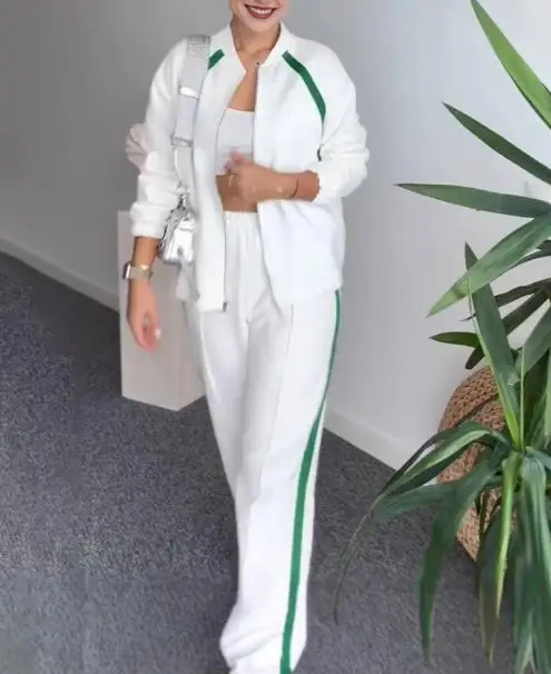 

Autumn Color Blocking Splicing 2-Piece Round Neck Zipper Front Open Long Sleeved Jacket and High Waisted Straight Leg Pants Set